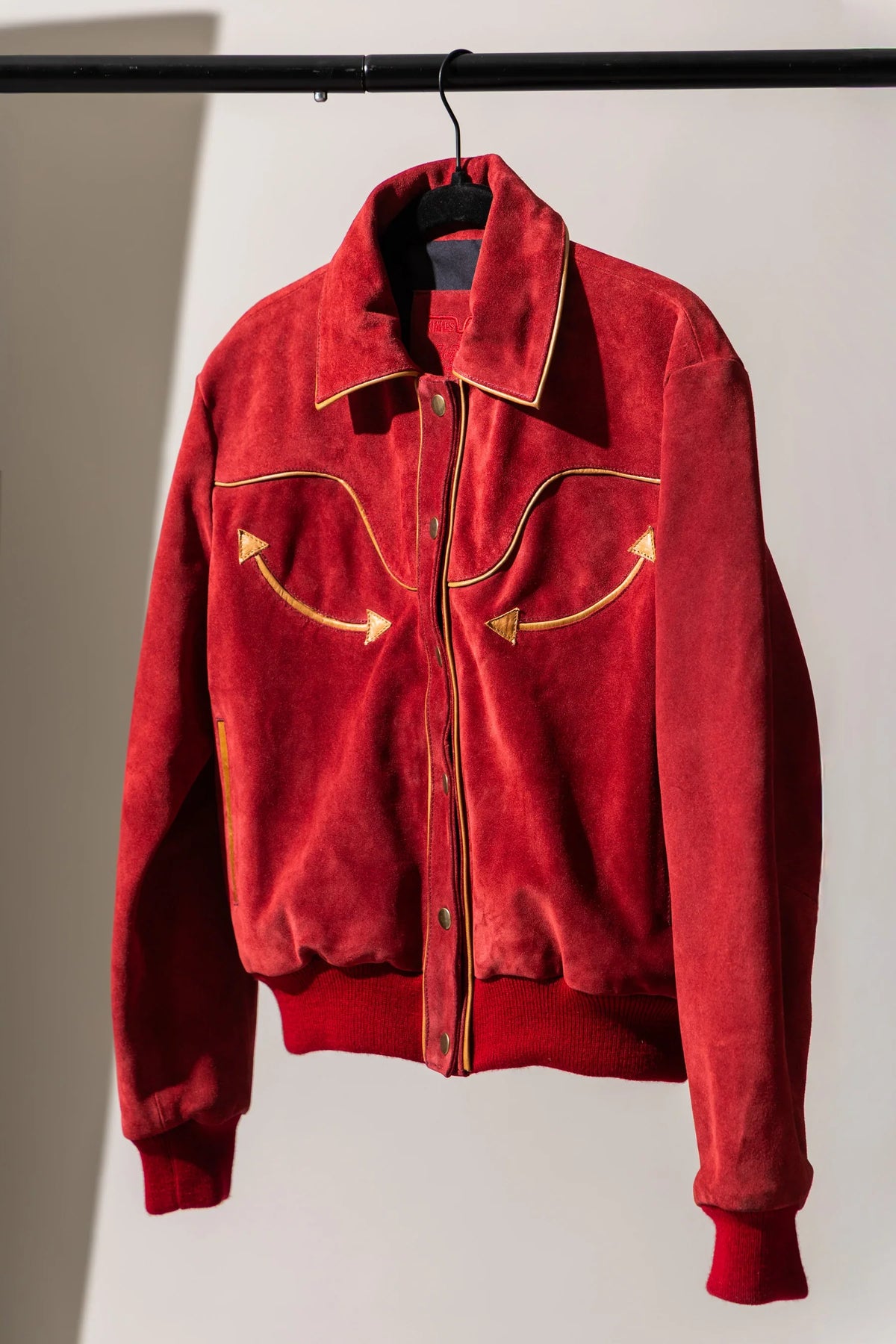 Kimes Ranch KR x Western & Co. Bomber Jacket in Wine with gold piping and arrow embroidery on the chest pockets