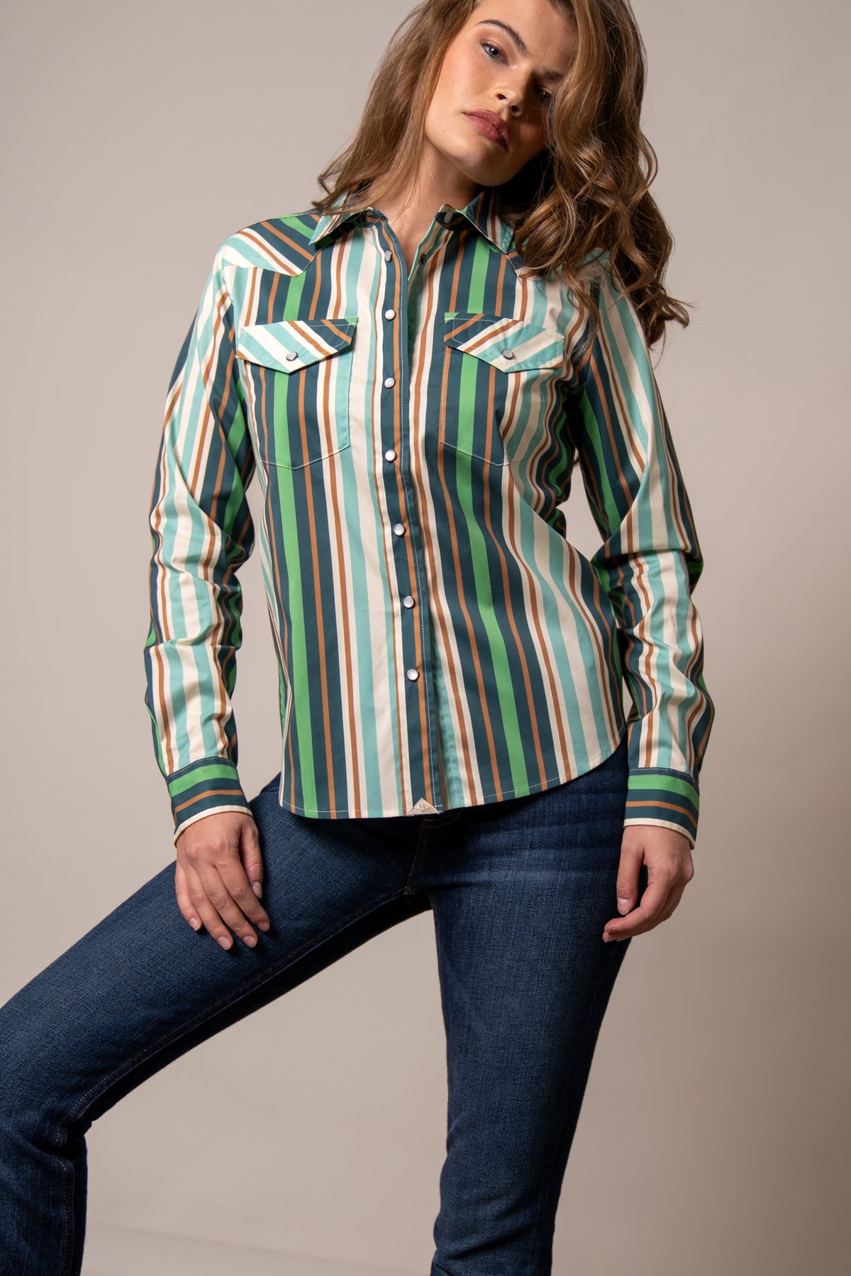 Kimes Ranch Kai top in Teal with vertical stripes and snap-button chest pockets