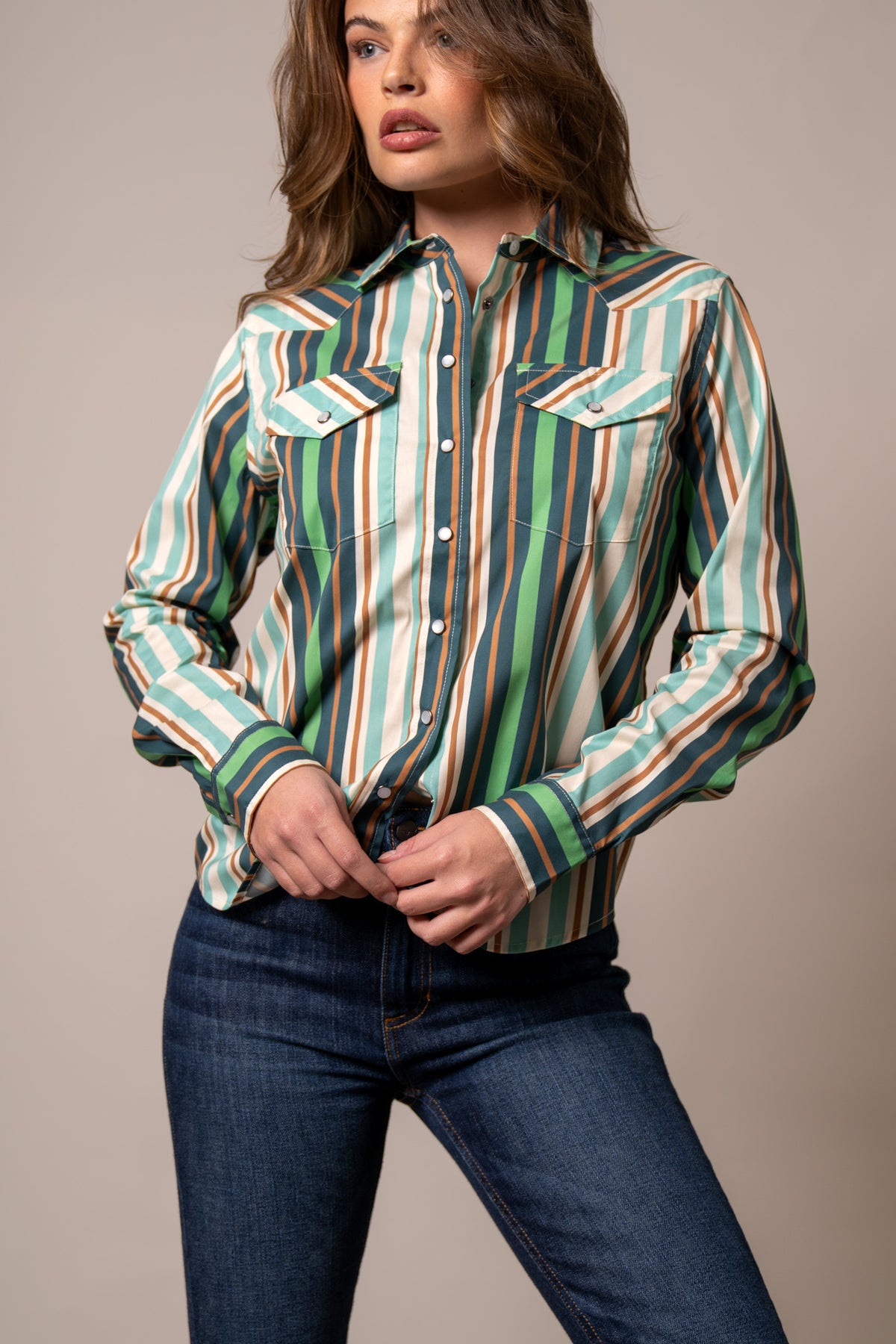 Kimes Ranch Kai top in Teal with vertical stripes and western yoke