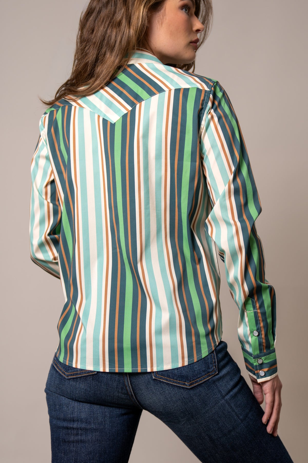 Kimes Ranch Kai top in Teal, back view, with vertical stripes in green, orange, and white
