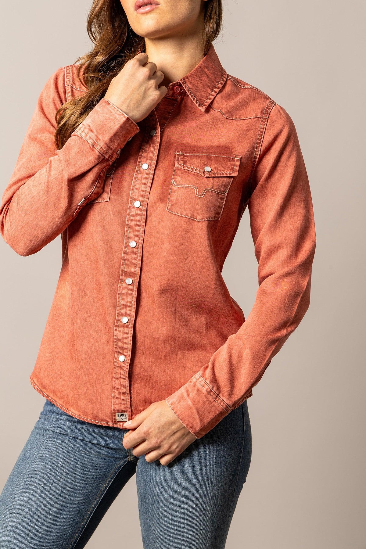 Kimes Ranch KC Tencel Top in Dark Red with a button front and chest pockets