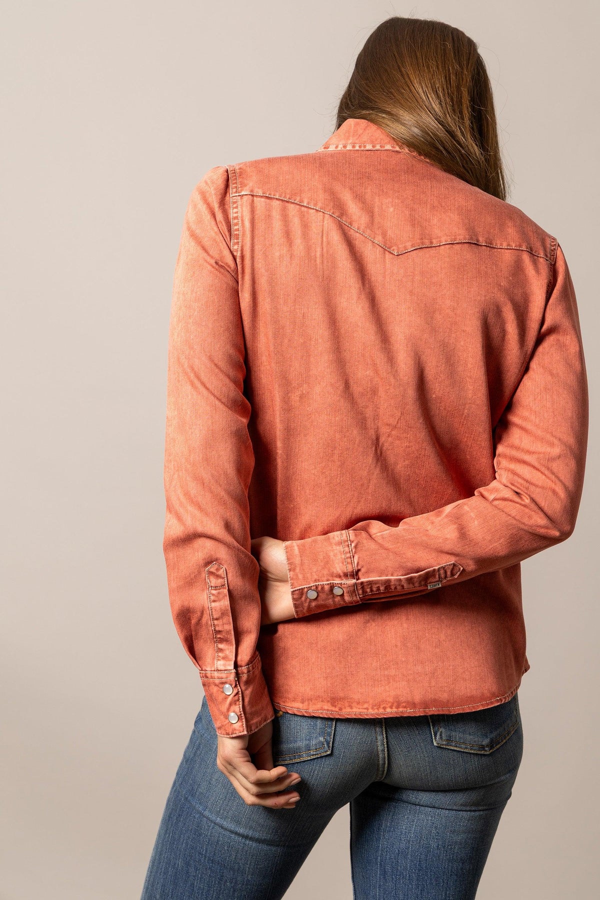 Kimes Ranch KC Tencel Top in Dark Red, back view, with a back yoke and buttoned cuffs