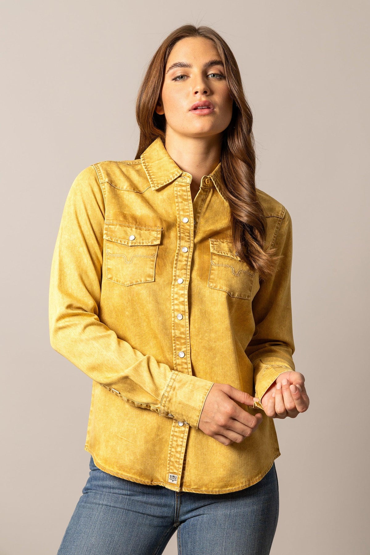 Kimes Ranch KC Tencel Top in Gold with long sleeves, button front, and two chest pockets
