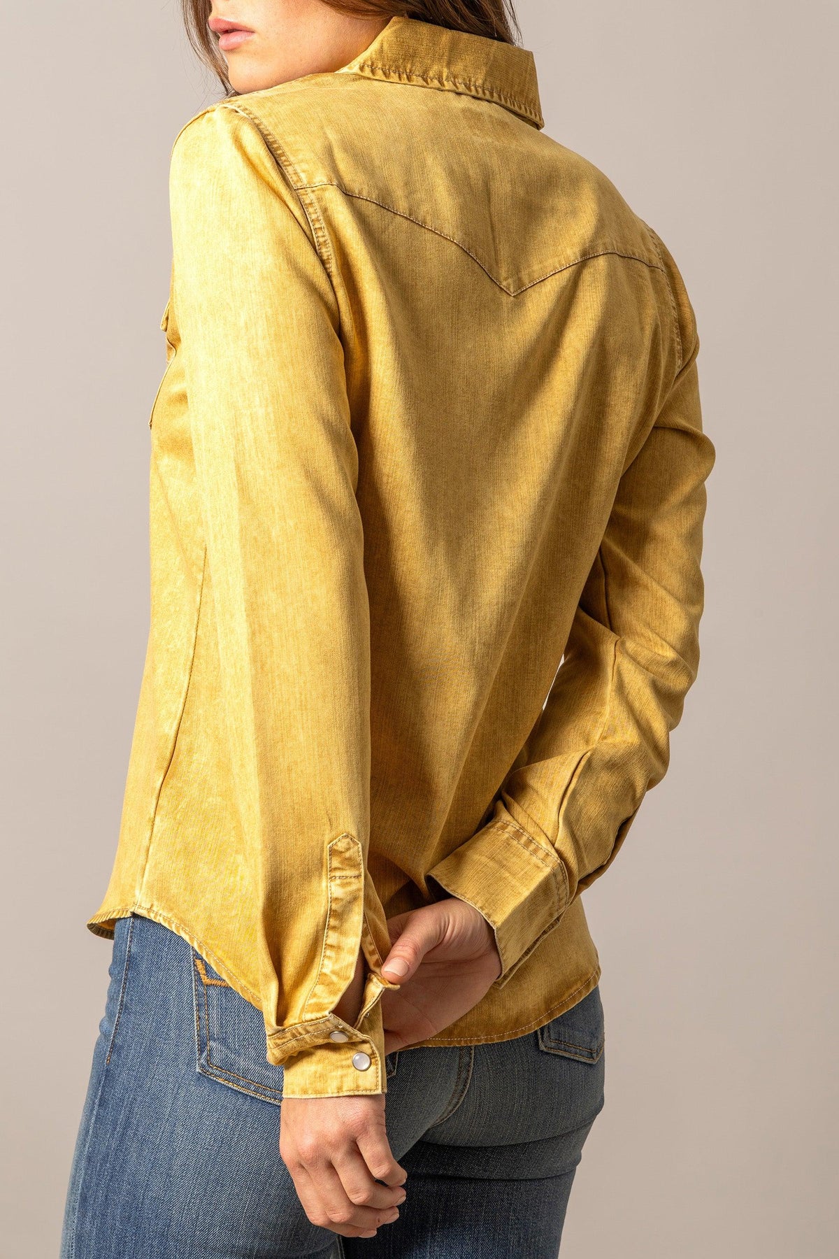 Kimes Ranch KC Tencel Top in Gold, back view, with long sleeves and a back yoke