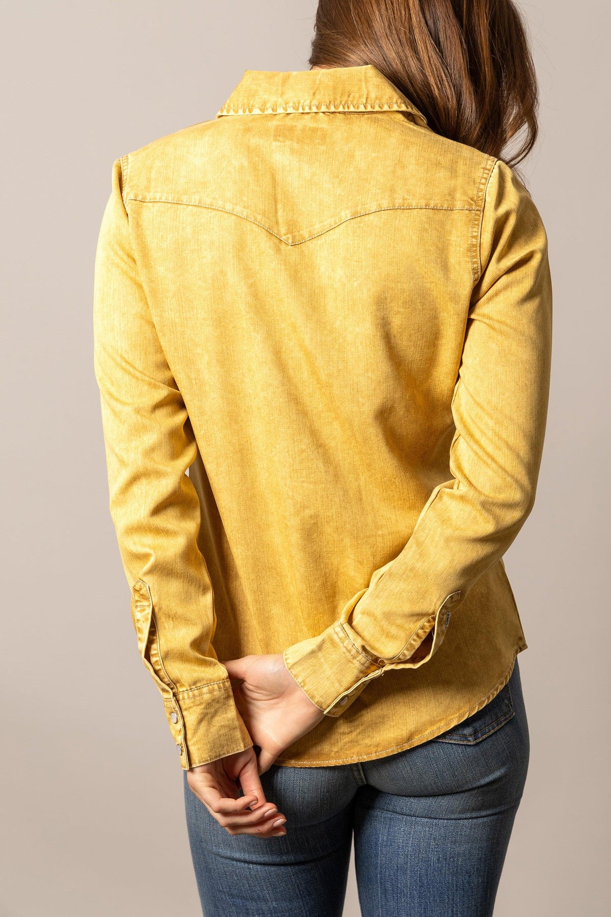 Kimes Ranch KC Tencel Top in Gold, back view, with a back yoke and long sleeves
