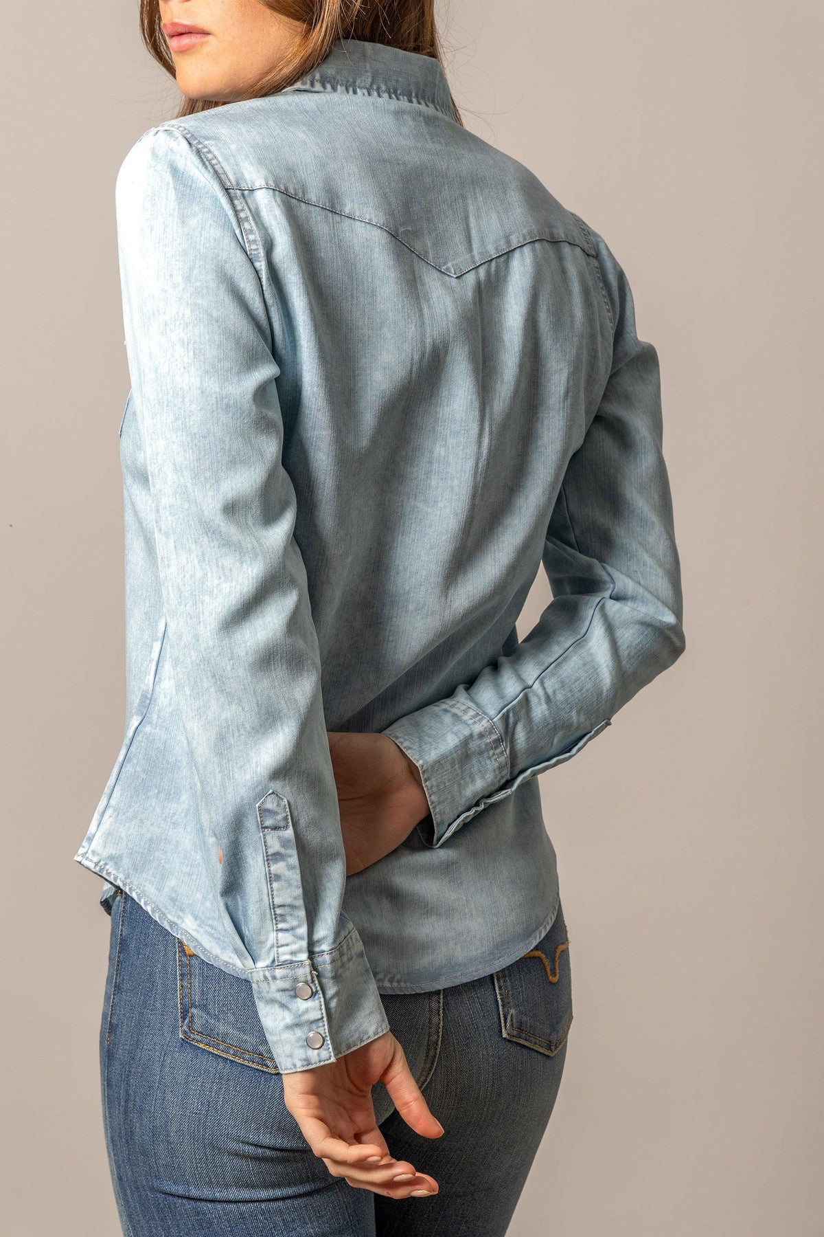 Kimes Ranch KC Tencel Top in Light Blue, back view, showing the back yoke with long sleeves and buttoned cuffs