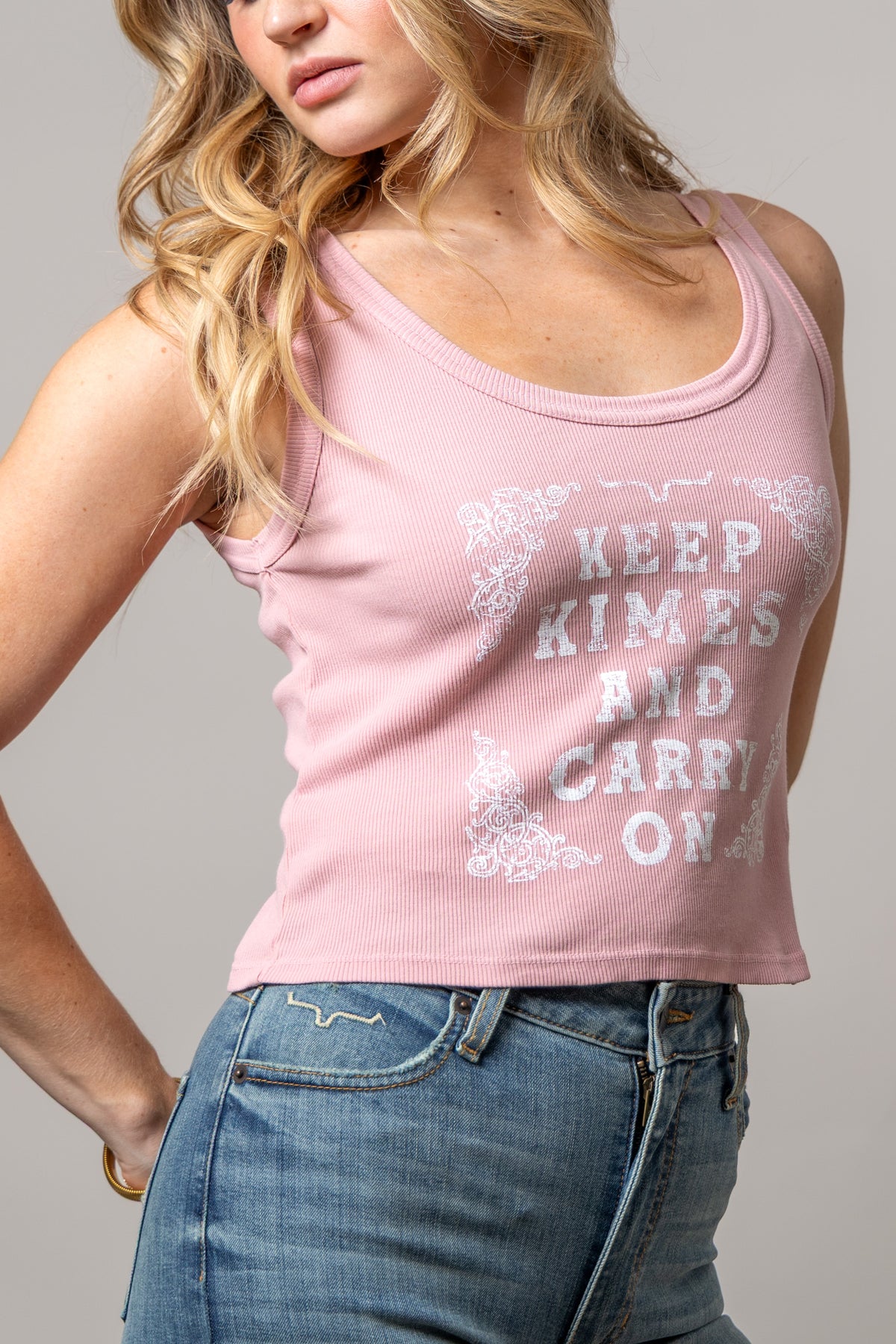 Kimes Ranch Keep Kimes Carry On shirt in Light Pink with a graphic print and a scoop neckline