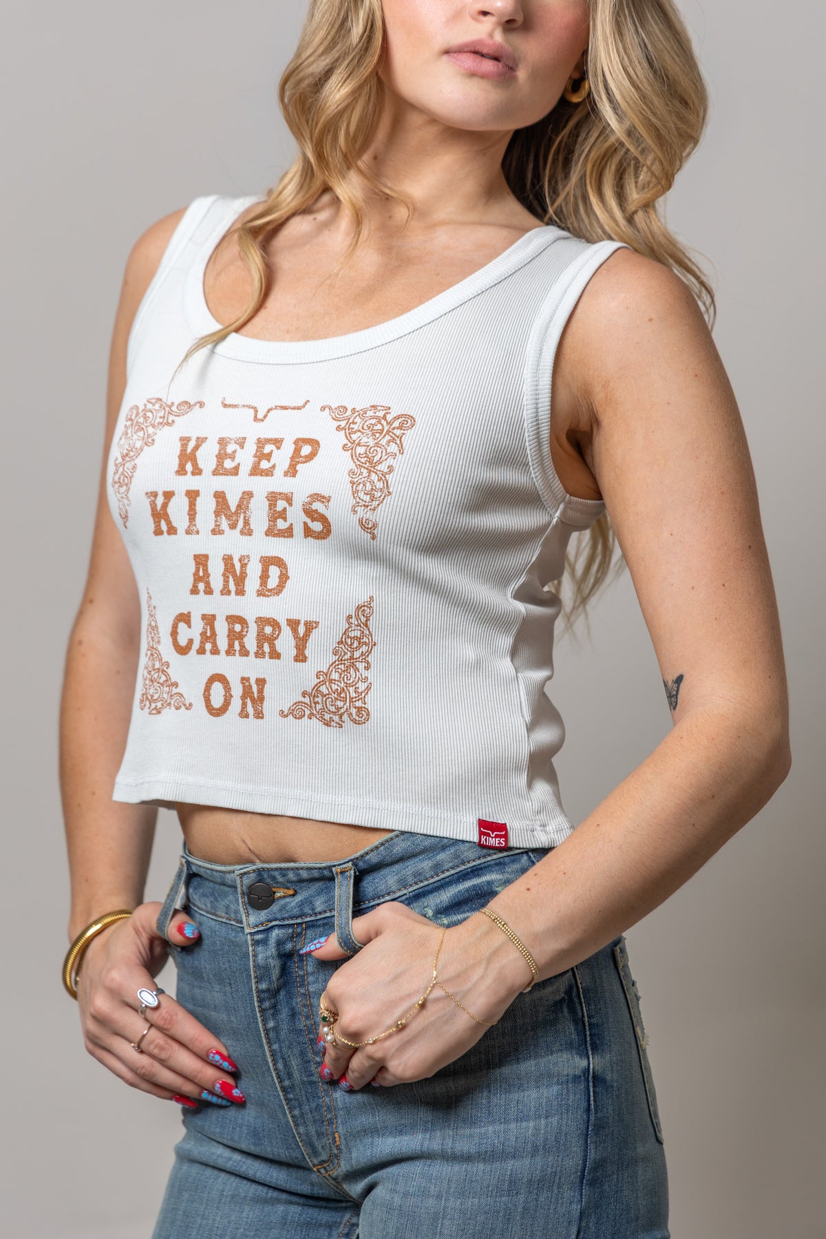 Kimes Ranch Keep Kimes Carry On Natural ribbed tank top with vintage ornate print and red logo tag