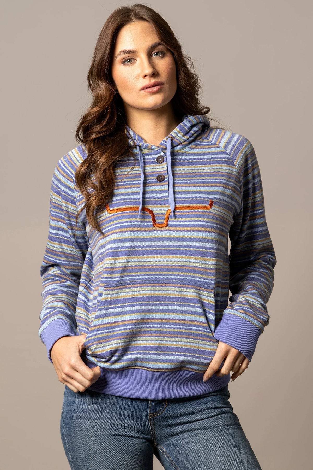 Kimes Ranch Kenzie Hoodie in Blue with horizontal stripes and an embroidered longhorn logo at the chest