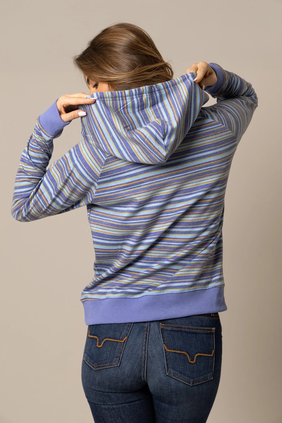 Kimes Ranch Kenzie Hoodie in Blue, back view, with multi-color horizontal stripes and solid Blue ribbed cuffs and hem