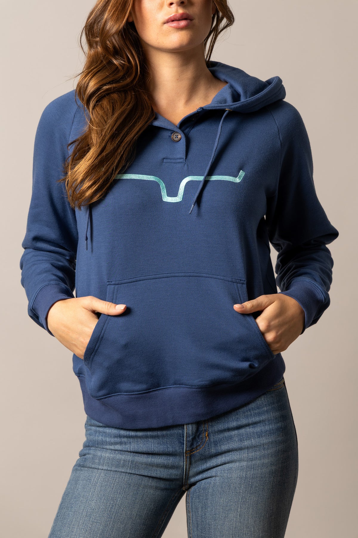 Kimes Ranch Kenzie Hoodie in Dark Blue with a longhorn graphic and front kangaroo pocket