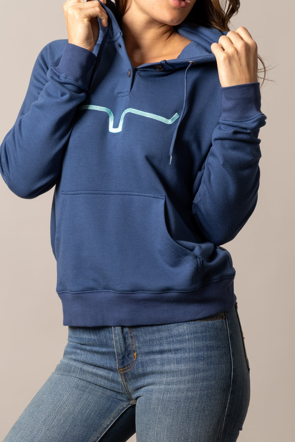 Kimes Ranch Kenzie Hoodie in Dark Blue with a front kangaroo pocket and a light blue graphic print