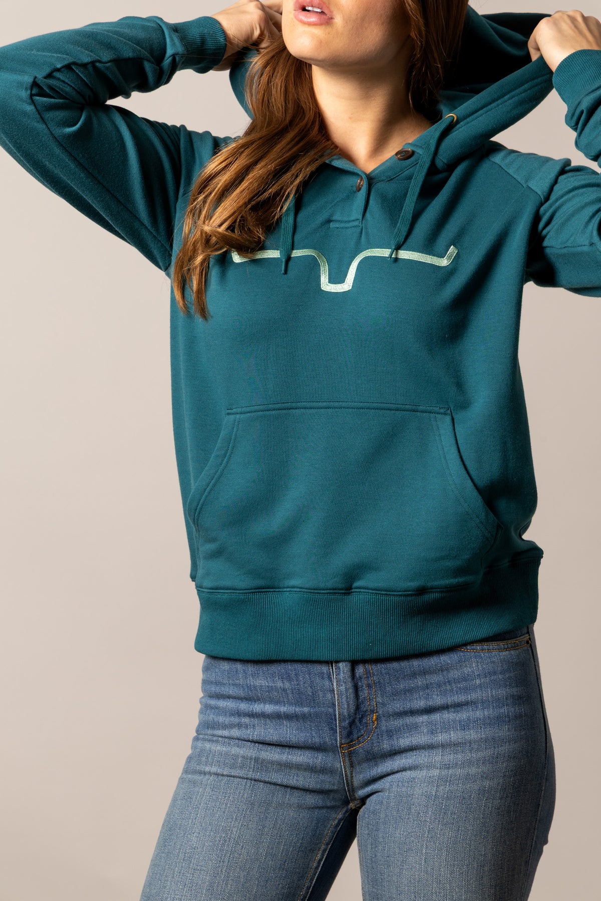 Kimes Ranch Kenzie Hoodie in Dark Teal with a longhorn graphic and kangaroo pocket