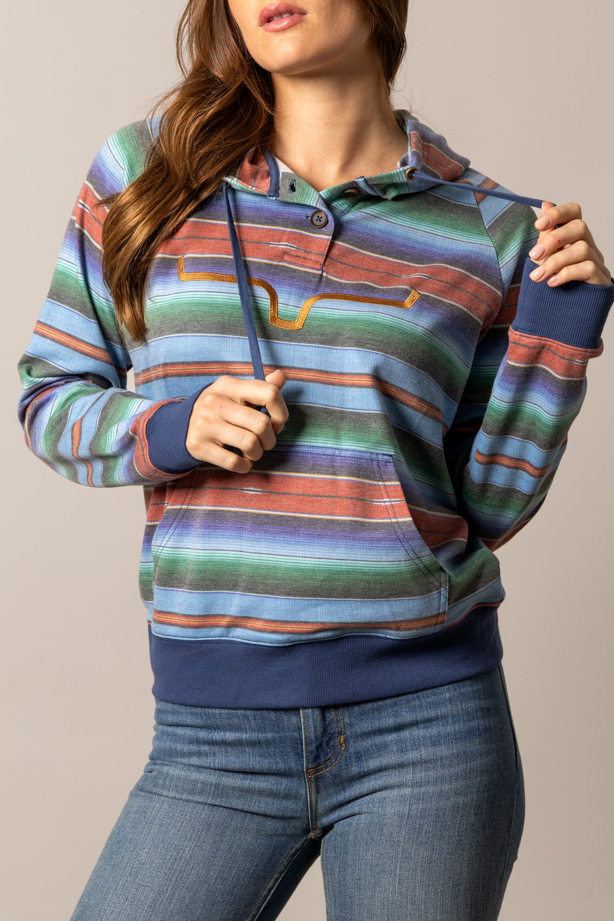 Kimes Ranch Kenzie Hoodie in Mid Blue with multi-color horizontal stripes and a front kangaroo pocket