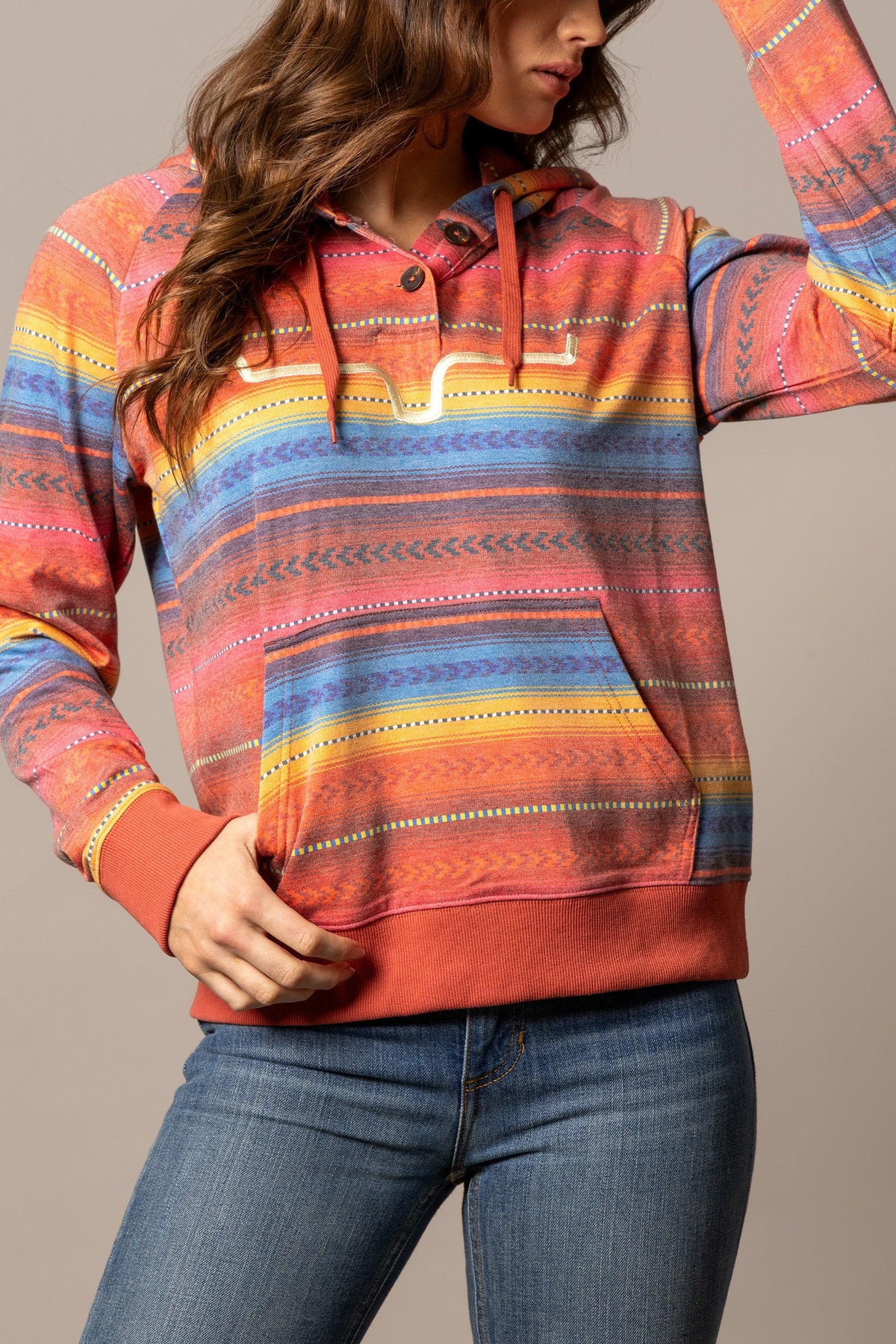 Kimes Ranch Kenzie Hoodie in Red with a multi-color striped pattern and front kangaroo pocket