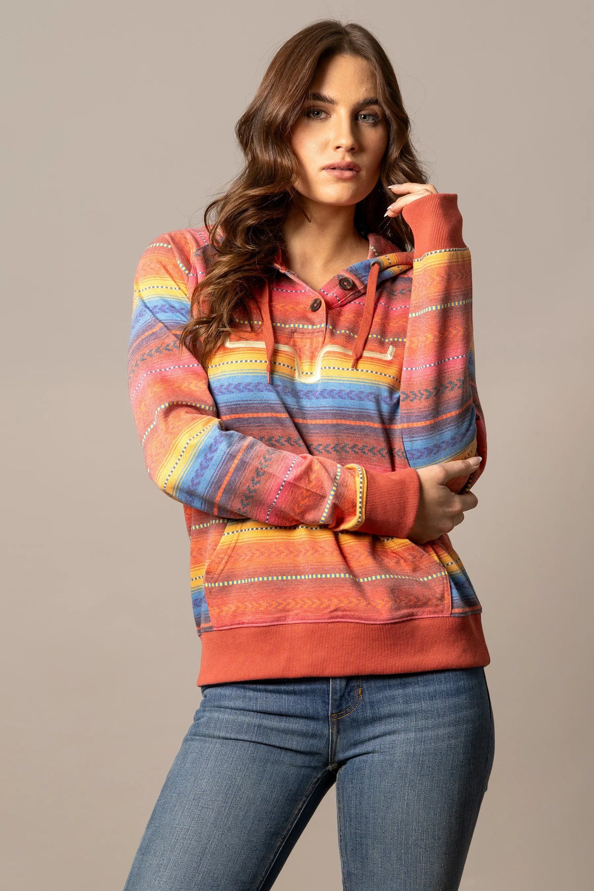 Kimes Ranch Kenzie Hoodie in Blue with multi-color horizontal stripes and a front kangaroo pocket