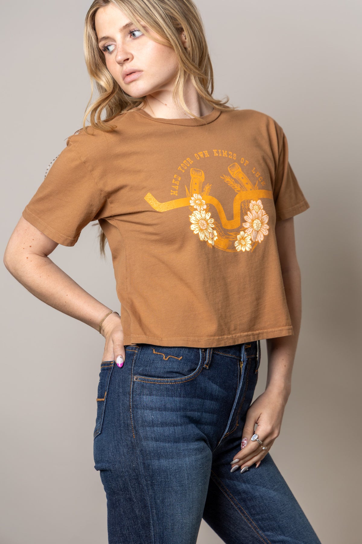 Kimes Ranch Kimes Of Luck Tobacco shirt with longhorn horns, daisies and text HAVE YOUR OWN KIMES OF LUCK
