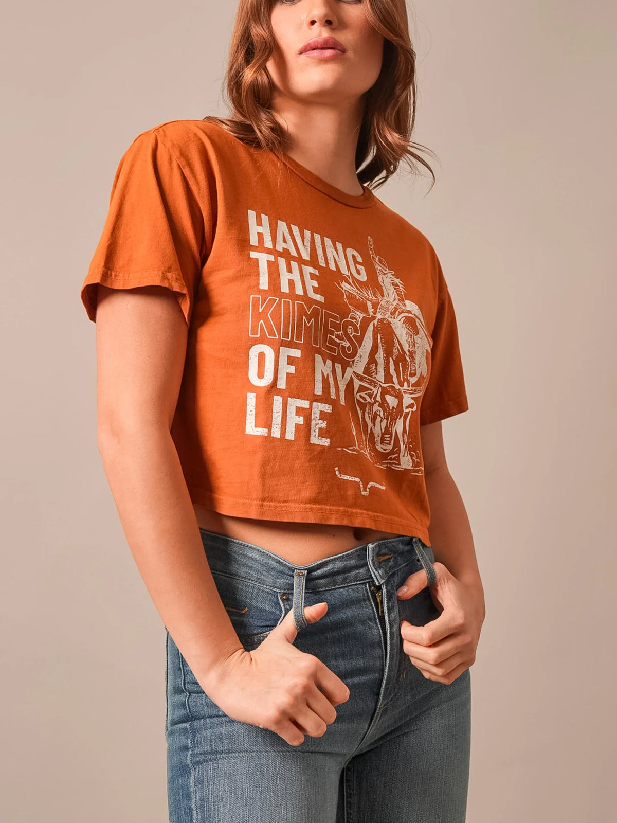 Kimes Ranch Kimes Of My Life shirt in Rust with a graphic print reading HAVING THE KIMES OF MY LIFE and the Kimes Ranch logo
