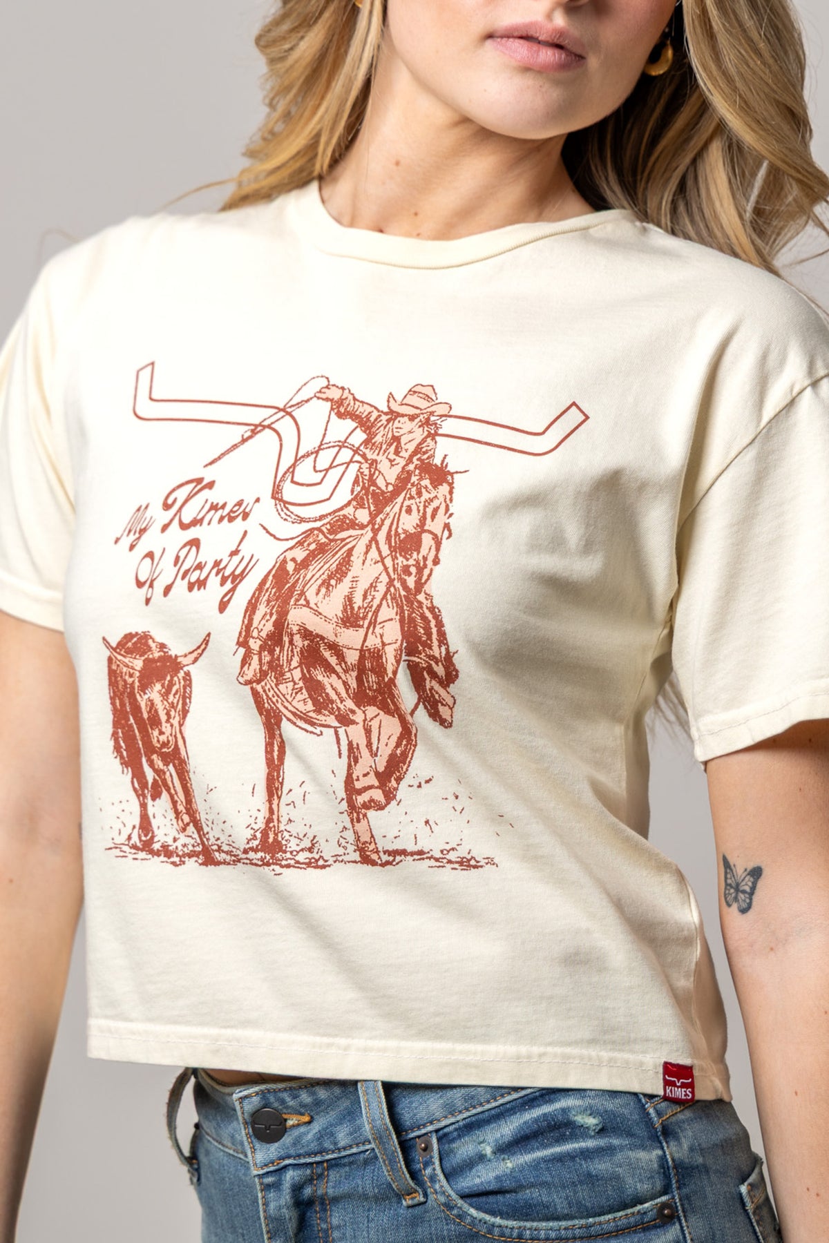 Kimes Of A Party shirt in Ivory with a rodeo graphic and My Kimes Of Party text