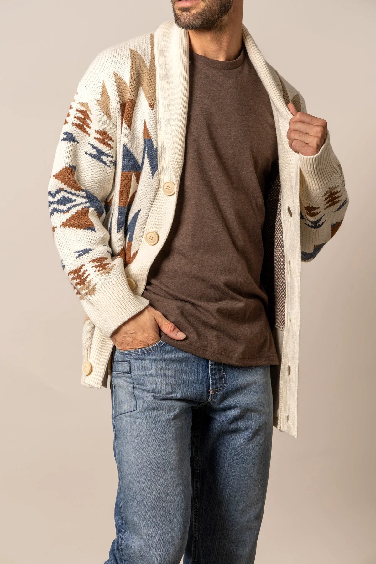 Kimes Ranch Knox Cardigan in Natural with a knit geometric pattern in brown and blue and button closure