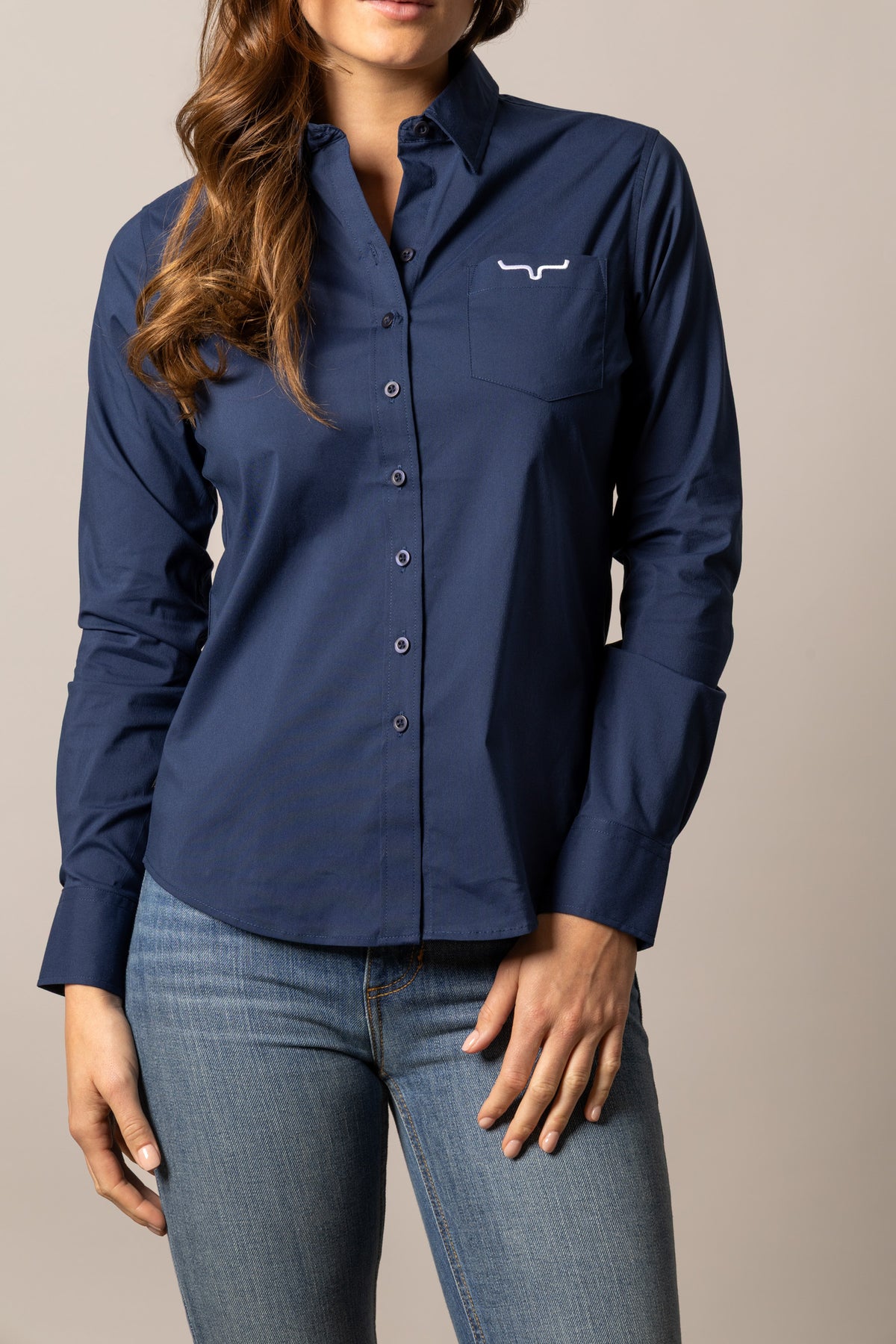 Kimes Ranch Ladies KR Team Shirt in Navy with long sleeves and a chest pocket featuring the Kimes Ranch logo