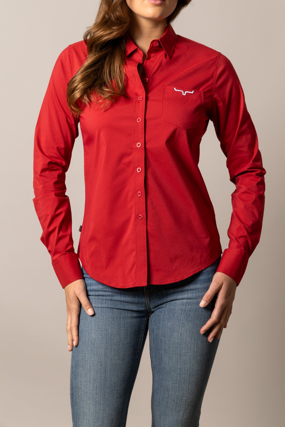 Kimes Ranch Ladies KR Team Shirt in Red with a button front and chest pocket with logo