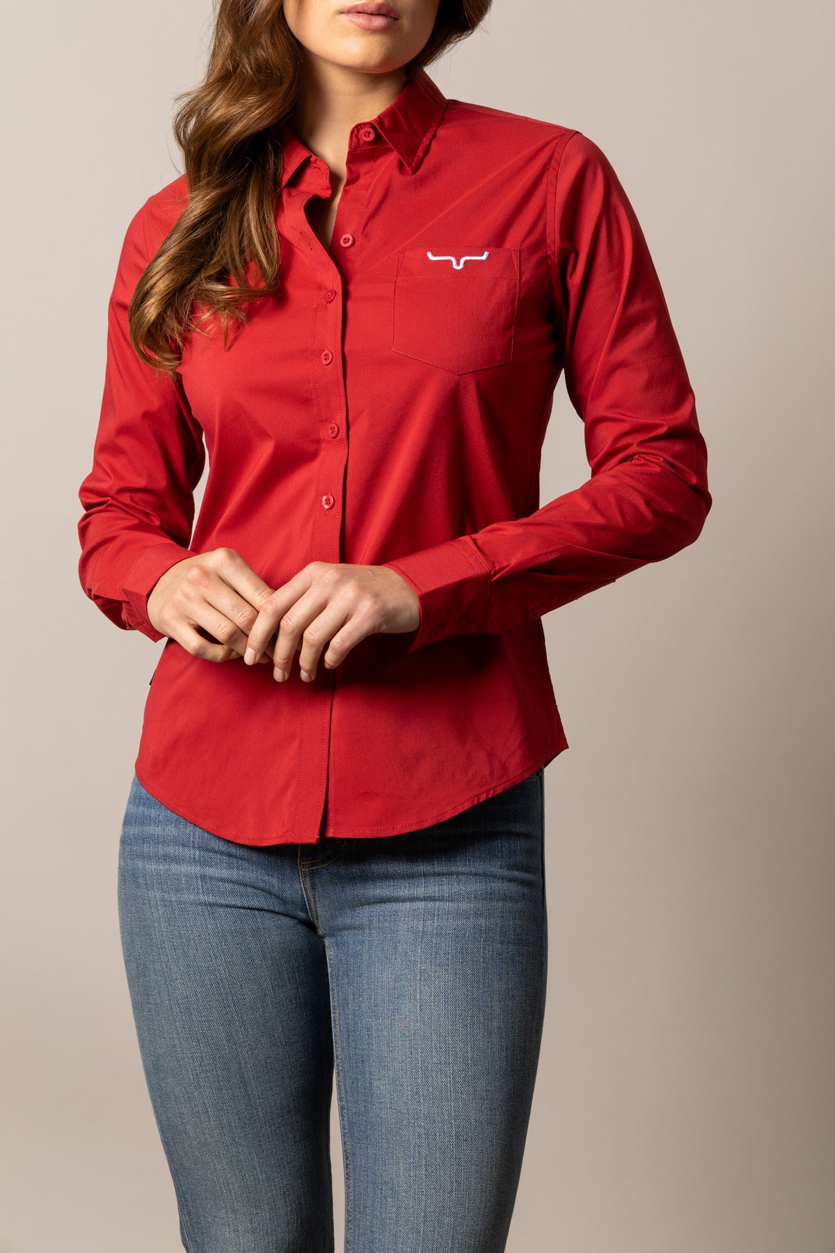 Kimes Ranch Ladies KR Team Shirt in Red with long sleeves and a chest pocket featuring the Kimes Ranch logo