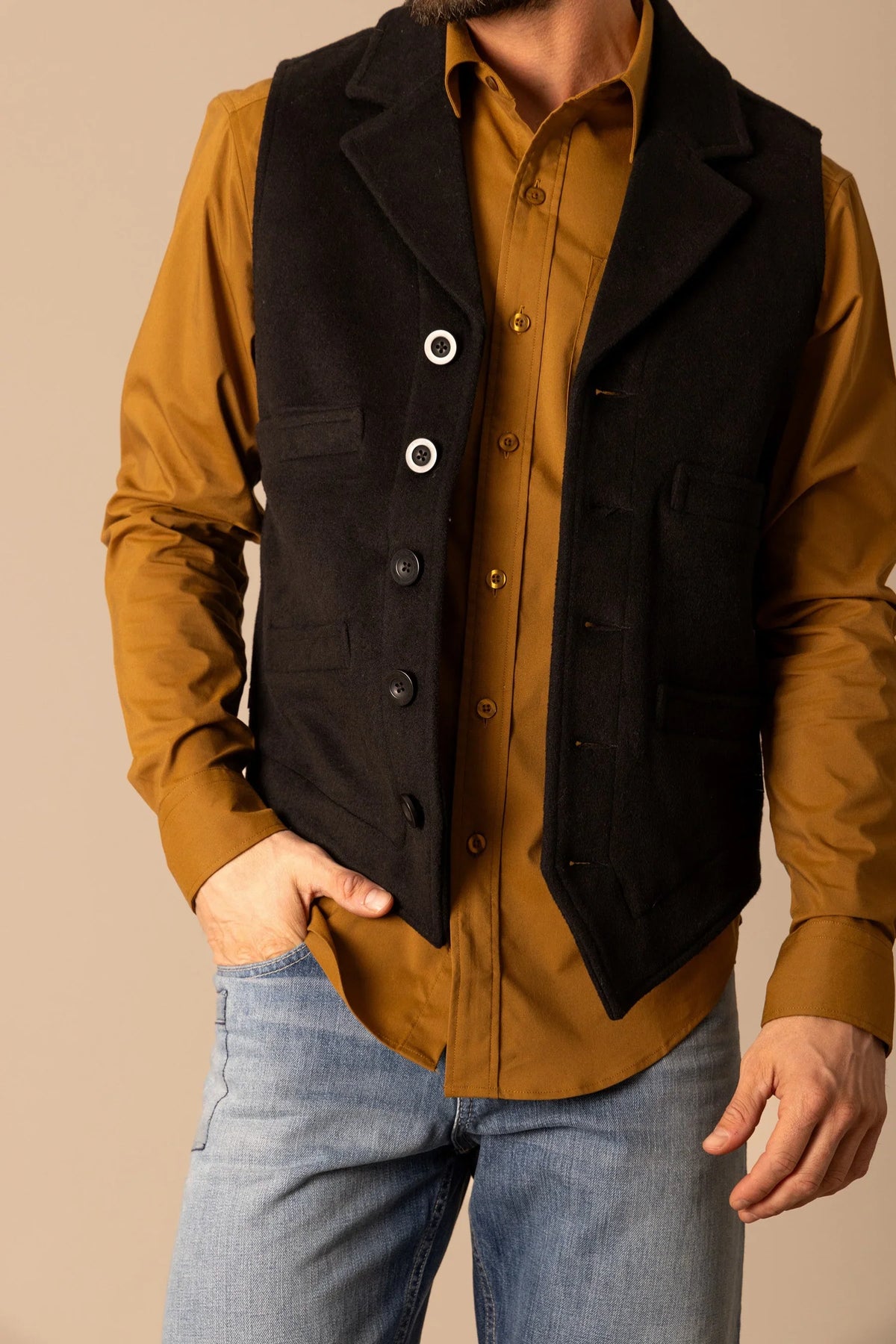 Kimes Ranch Kraken Vest in Black with contrast buttons and flap pockets