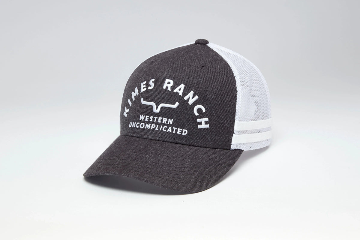 Kimes Ranch Cantor hat in Charcoal Heather with white mesh back and Kimes Ranch logo with Western Uncomplicated text