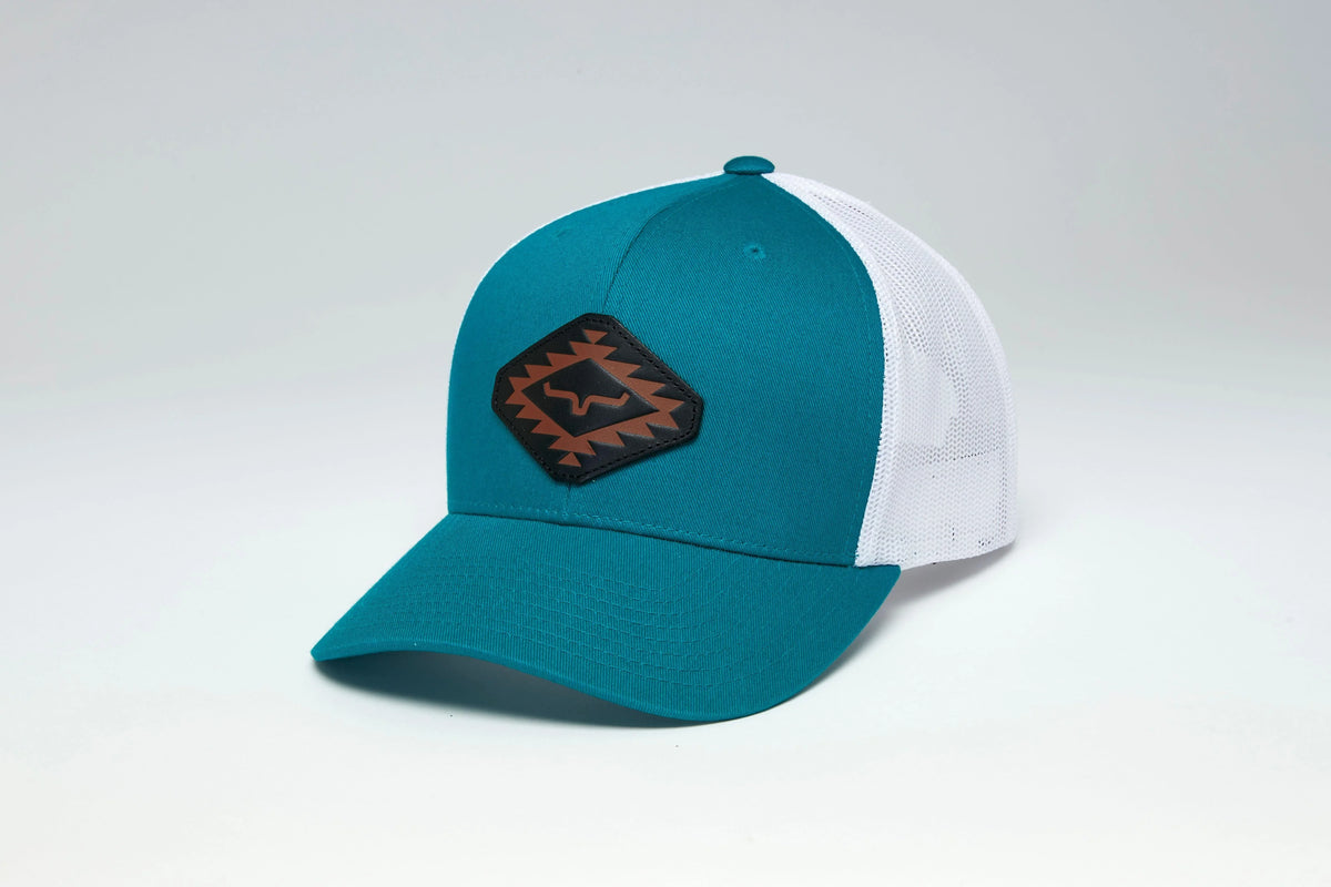 Kimes Ranch San Juan, side view, Teal trucker hat with white mesh back and a Kimes Ranch logo patch on the front