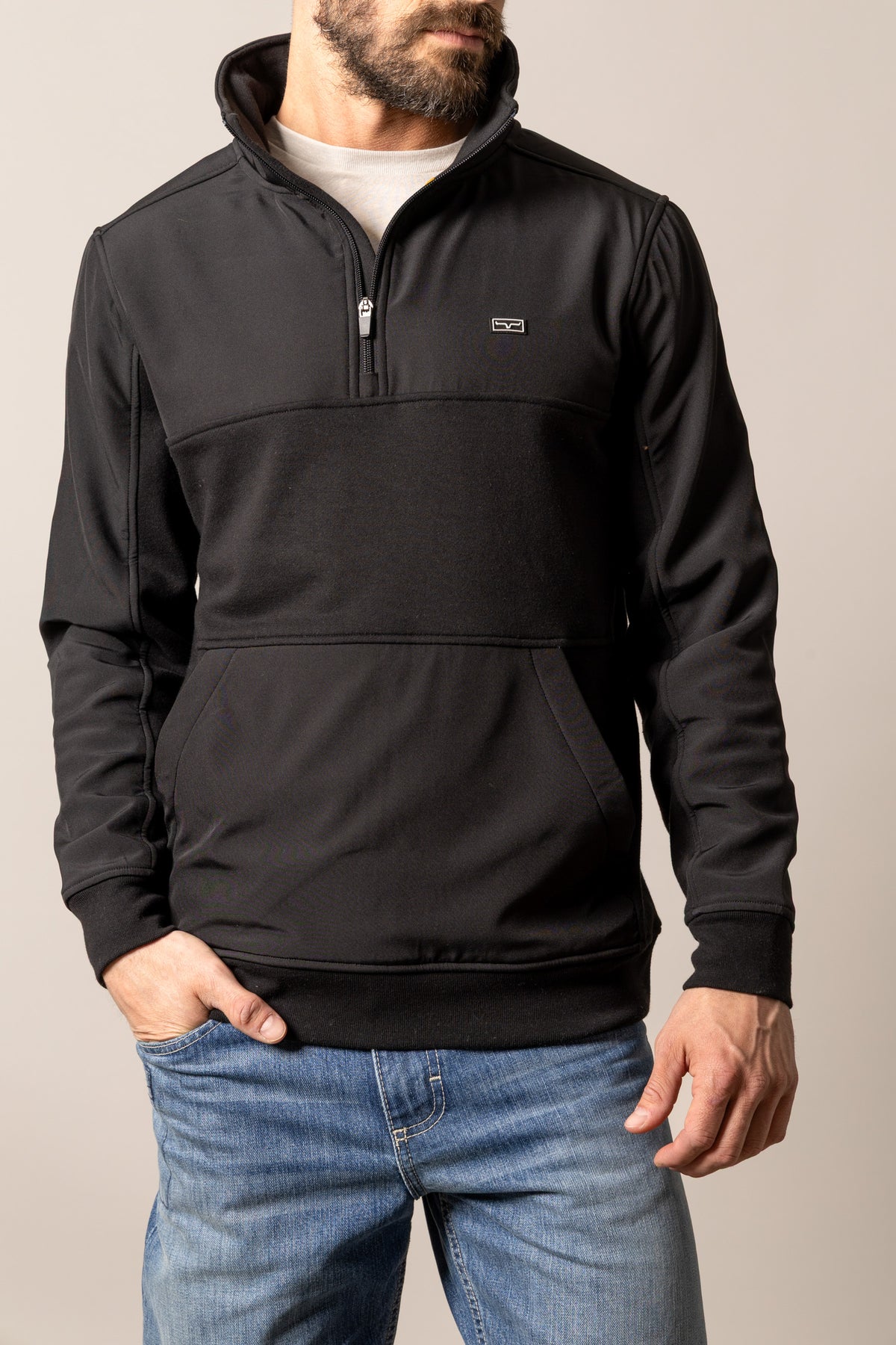 Kimes Ranch La Rue Black sweatshirt with a half-zip collar and front kangaroo pocket