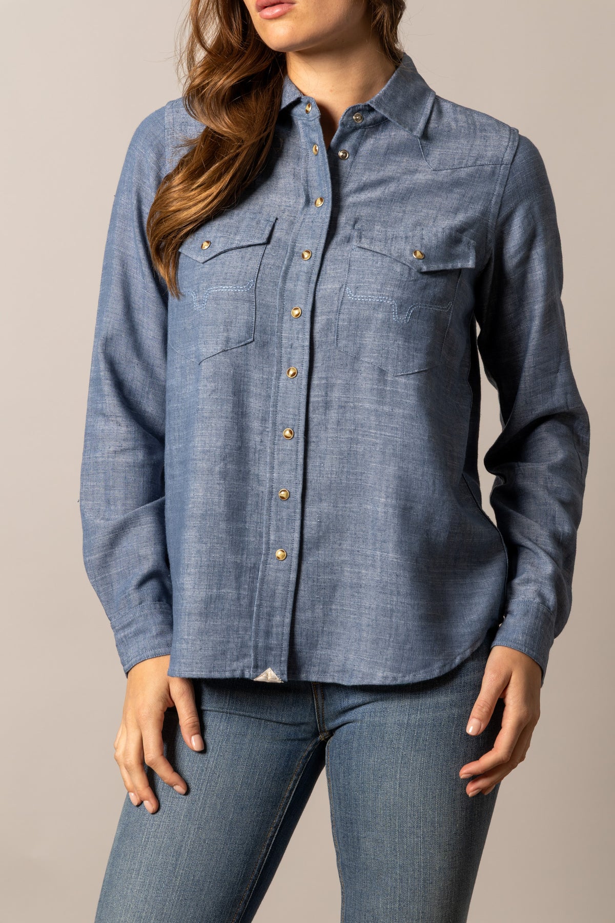 Kimes Ranch Lacy long sleeve button front top in Blue with chest pockets and contrast stitching