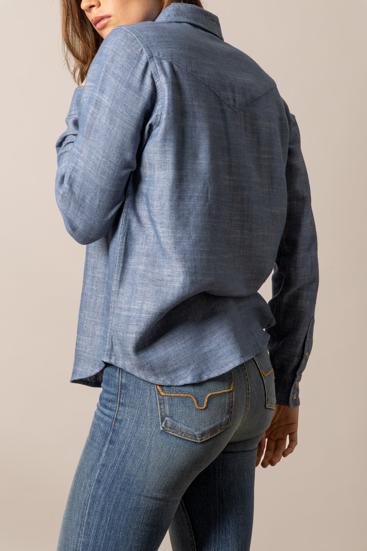 Kimes Ranch Lacy top in Blue, back view, with a back yoke and long sleeves