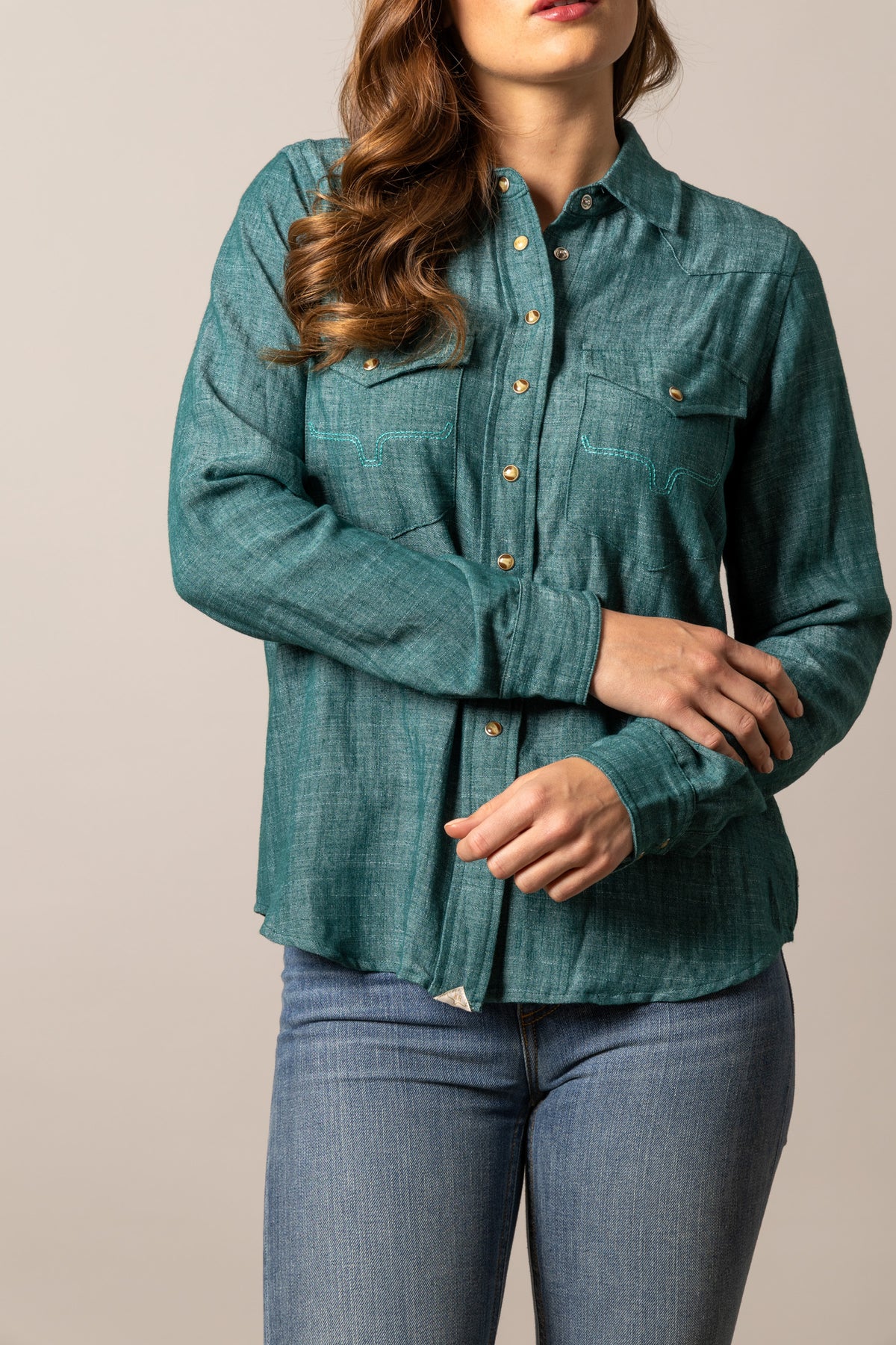 Kimes Ranch Lacy top in Dark Teal with long sleeves and contrasting stitching on the front pockets