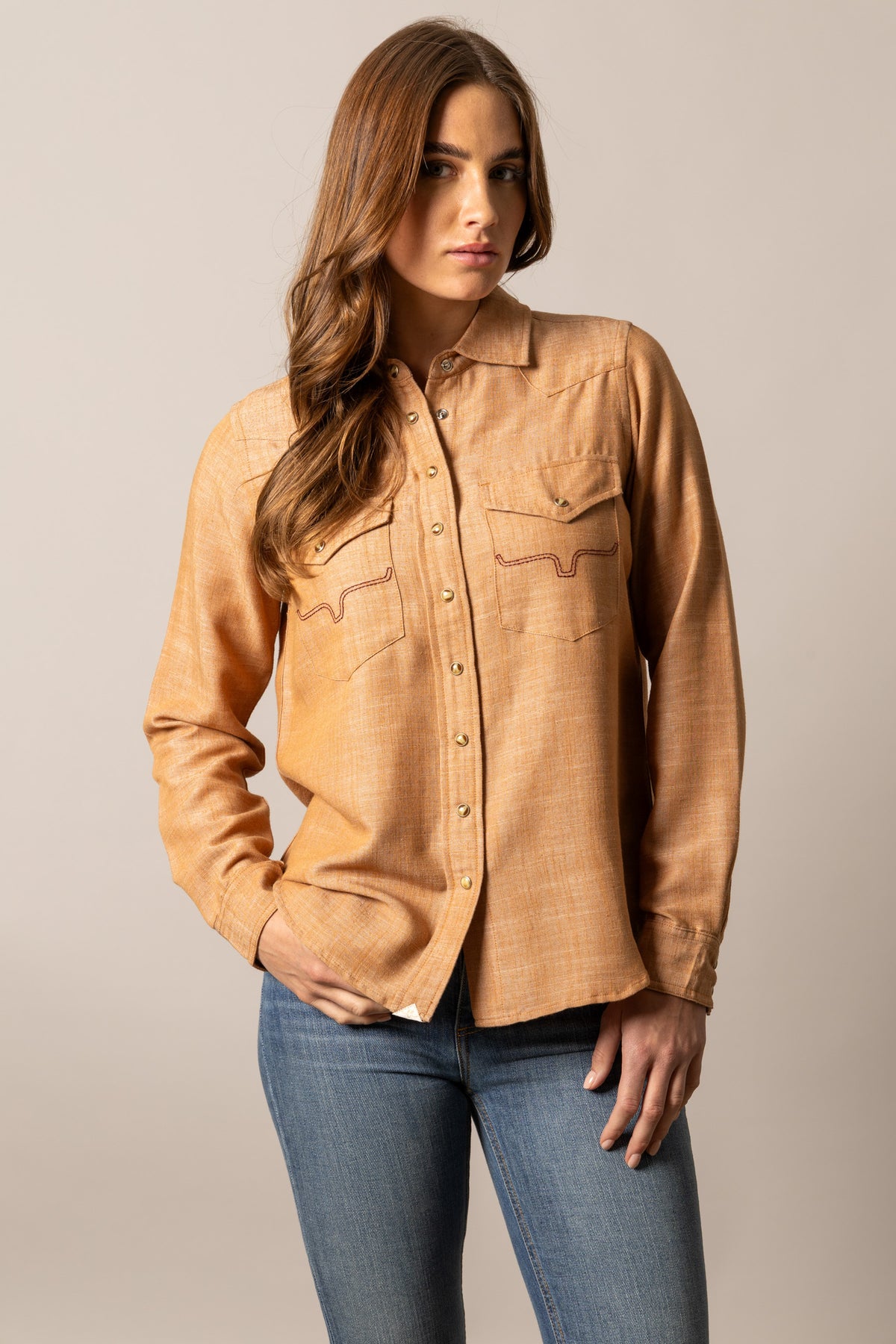 Kimes Ranch Lacy long sleeve top in Tobacco with snap front and embroidered yoke