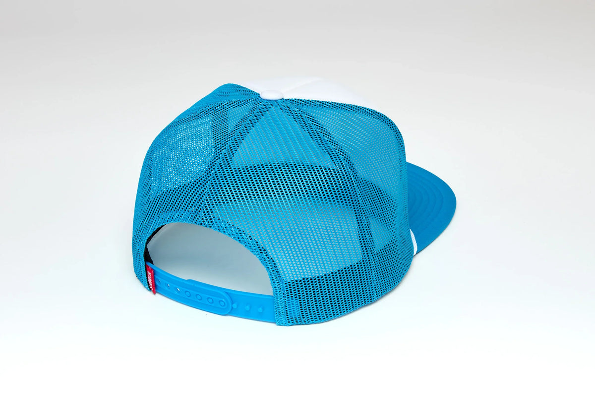 Kimes Ranch Landscape hat in Blue, back view, with a white front panel and mesh back