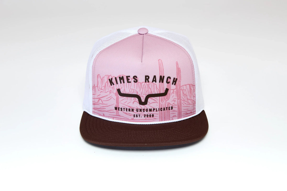 Kimes Ranch Landscape hat in Lavender with white mesh back and brown brim featuring the Kimes Ranch logo with cactus artwork