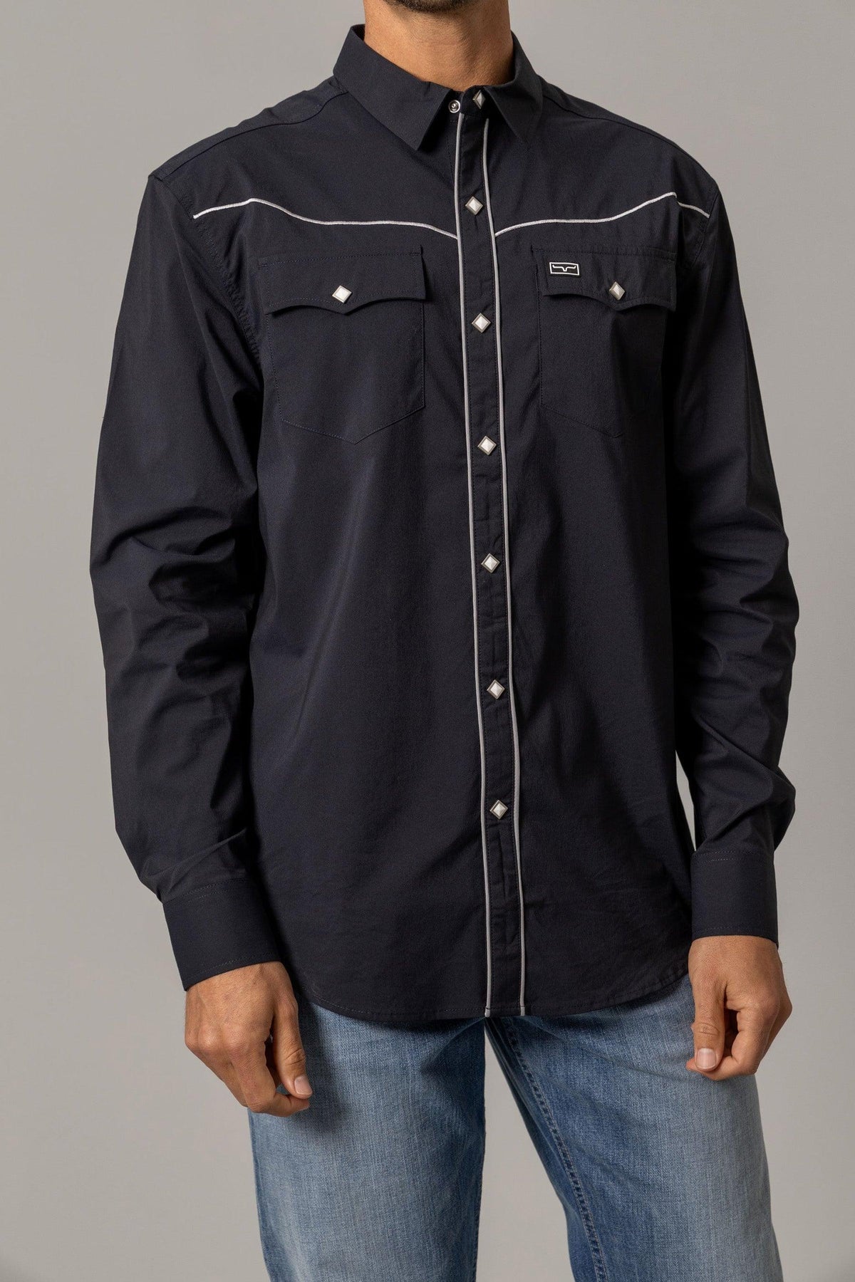 Kimes Ranch Laneboro Black dress shirt with contrast stitching and snap buttons