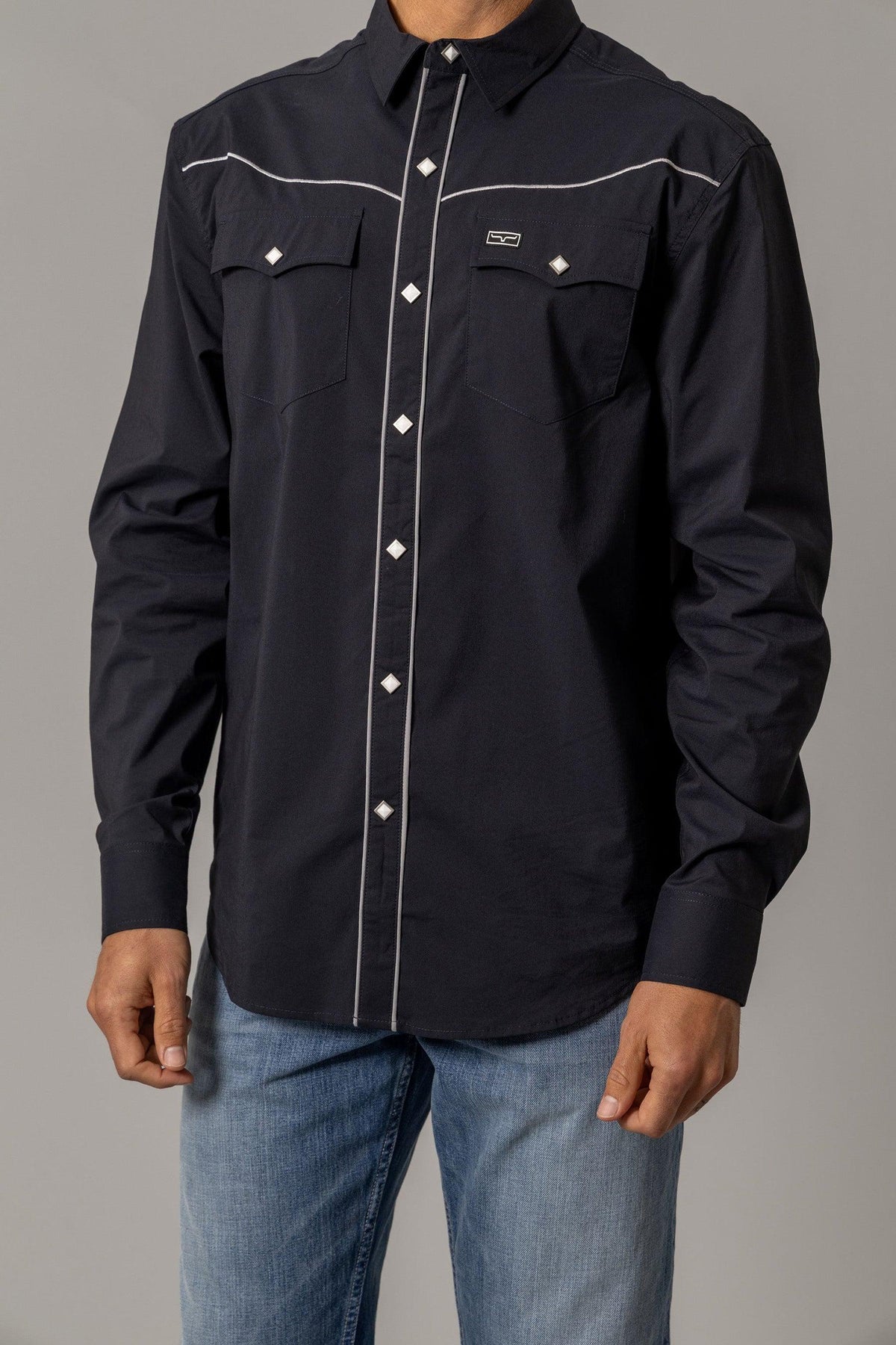Kimes Ranch Laneboro Black long sleeve dress shirt with contrast stitching and diamond-shaped buttons