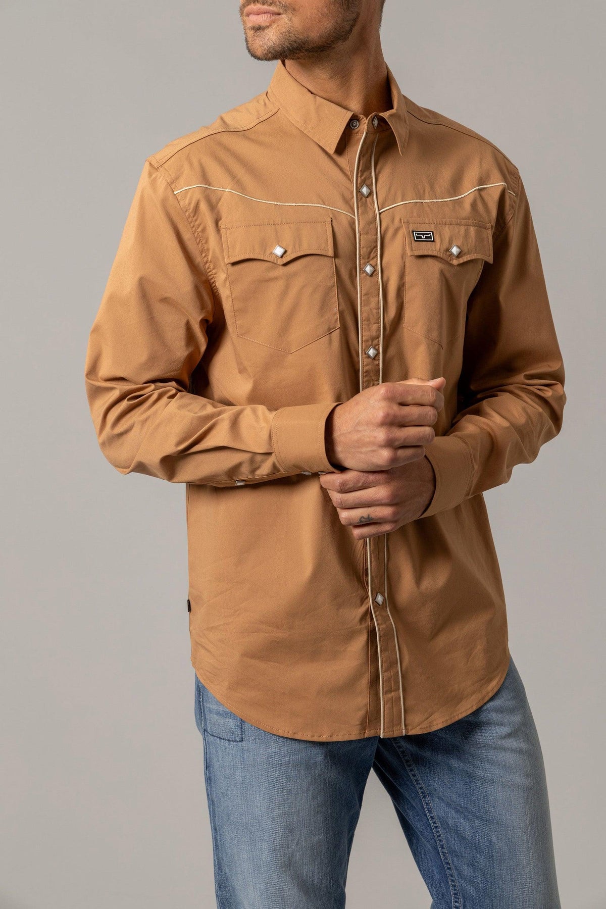 Kimes Ranch Laneboro dress shirt in Work Wear Brown with contrast stitching and two chest pockets