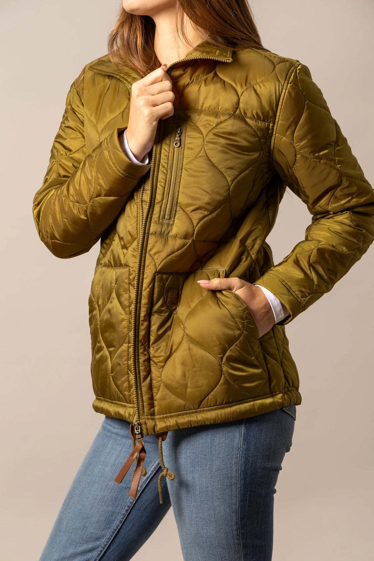 Kimes Ranch Lara Jacket in Olive with diamond quilting, front zip, and drawstring