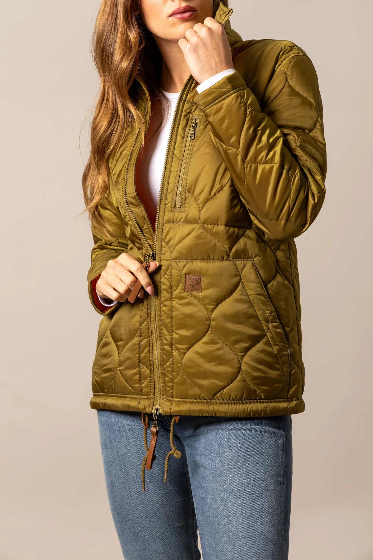 Kimes Ranch Lara Jacket in Olive with diamond quilting, front zip pockets, and a logo patch