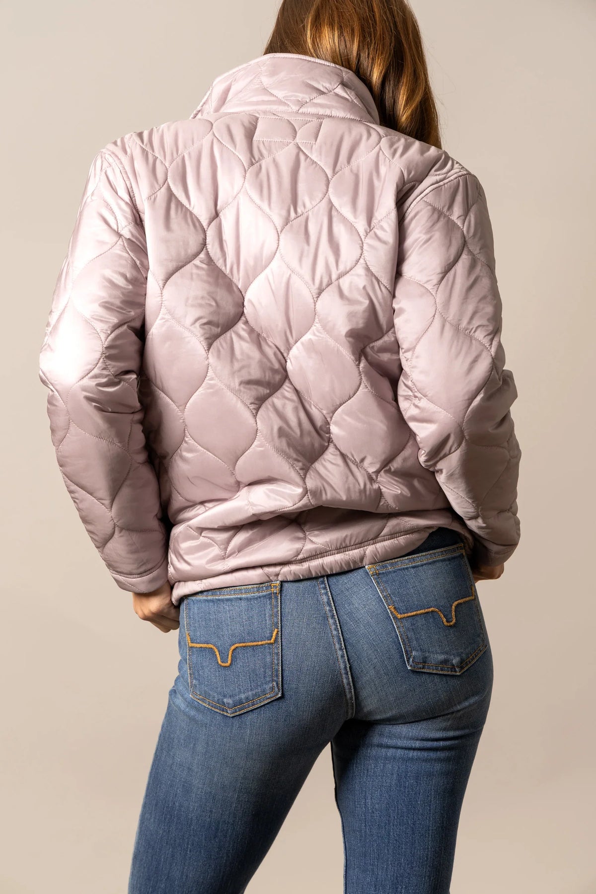 Kimes Ranch Lara Jacket in Pewter, back view, with a quilted diamond pattern and a high collar