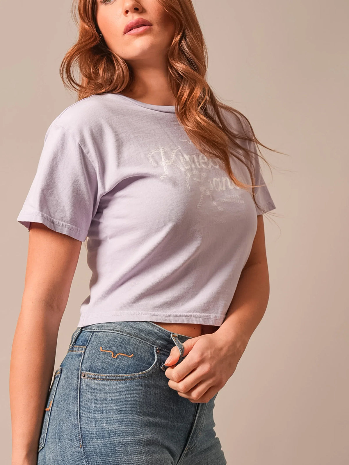 Kimes Ranch Lasso Script shirt in Lavender with a front graphic print and short sleeves