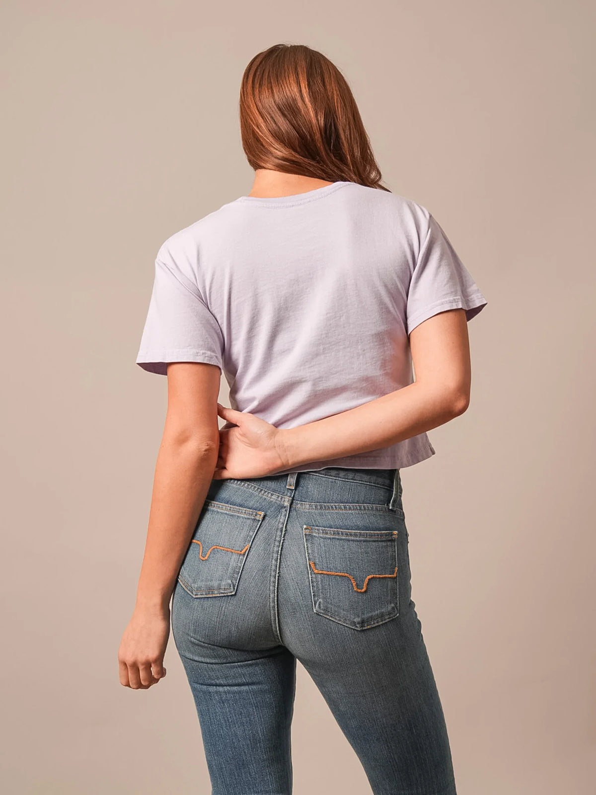 Kimes Ranch Lasso Script shirt in Lavender, back view, with short sleeves and a crew neck