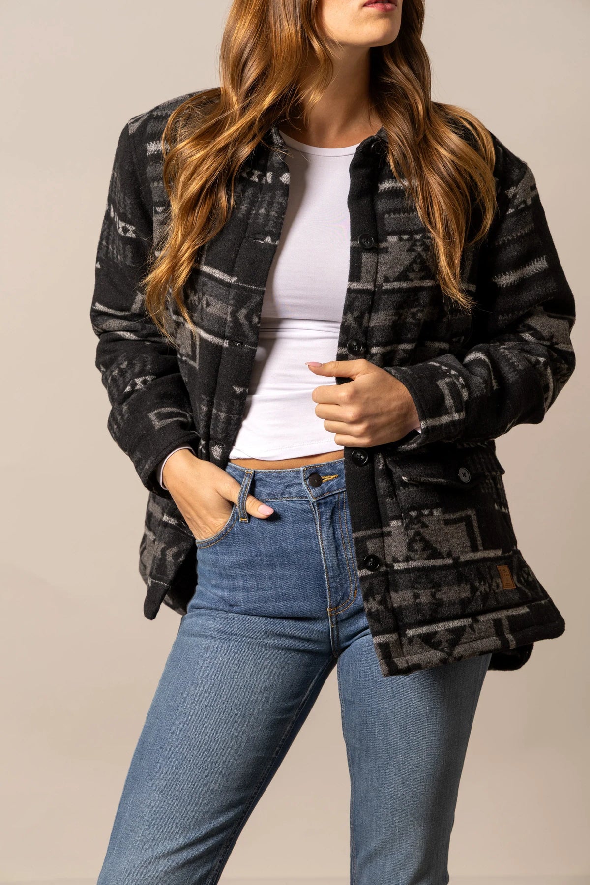 Kimes Ranch Lauren Wool Jacket in Black with a geometric pattern and front pockets