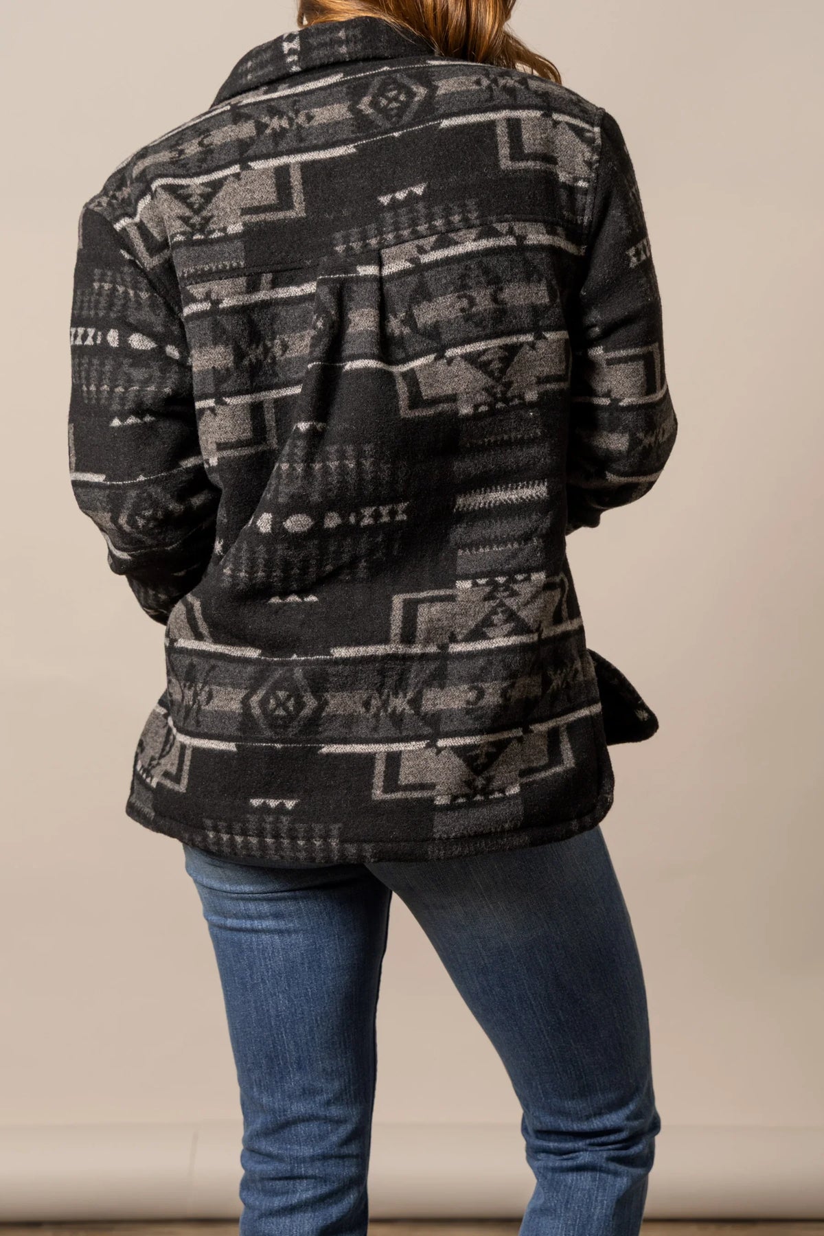 Kimes Ranch Lauren Wool Jacket in Black, back view, showing the back with a geometric pattern and long sleeves