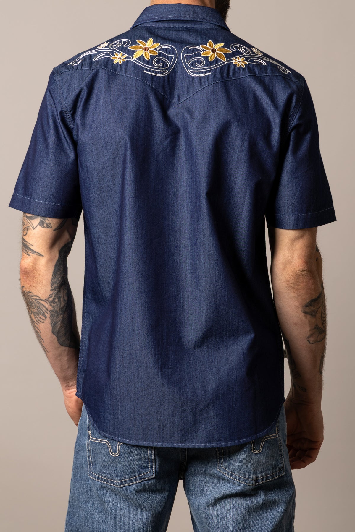 Kimes Ranch Leland dress shirt in Indigo, back view, with floral embroidery on the back yoke