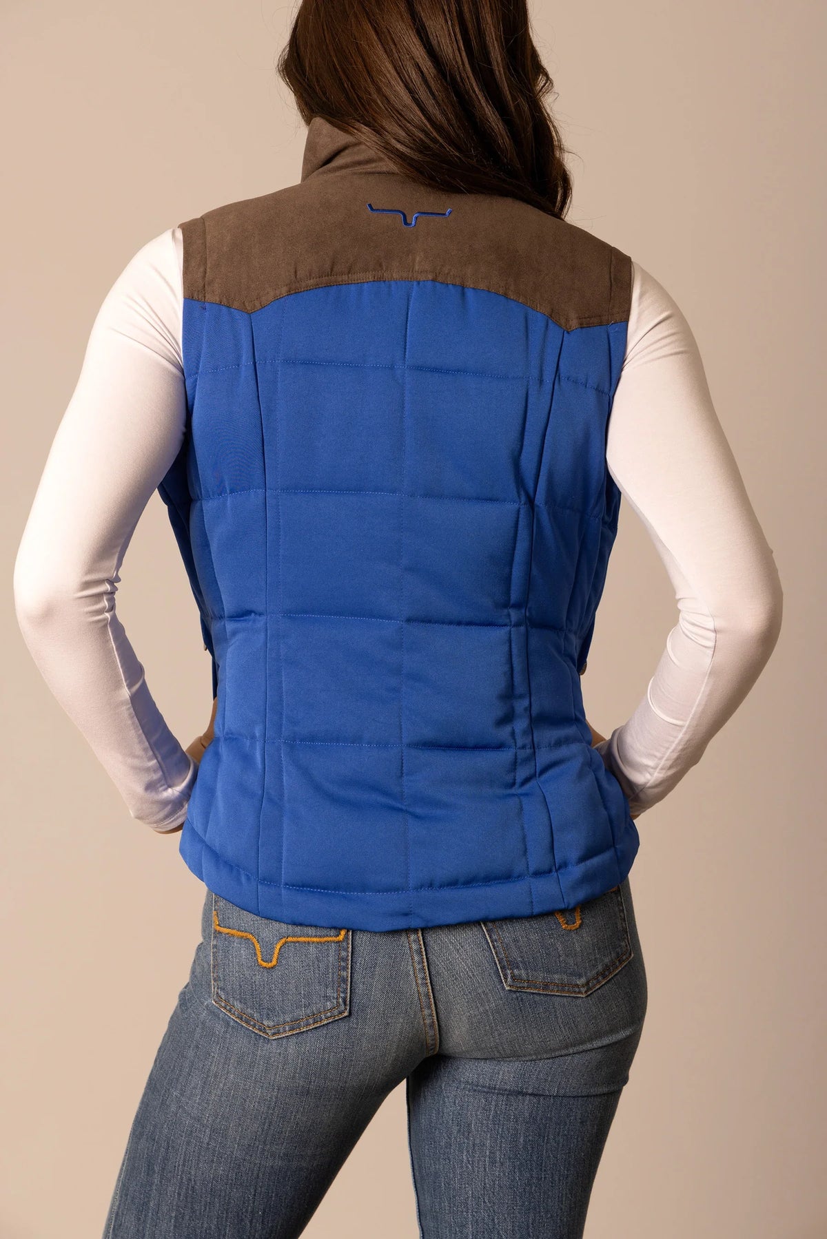 Kimes Ranch Lenora Vest in Blue, back view, with brown yoke and Kimes Ranch logo