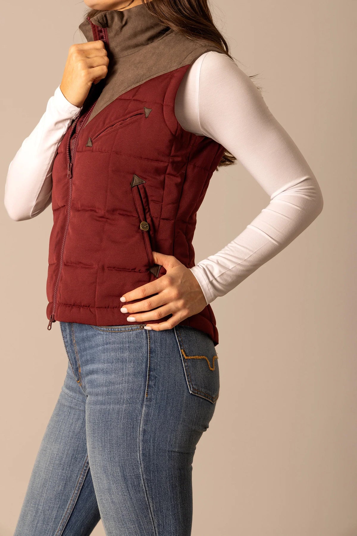 Kimes Ranch Lenora Vest in Maroon, side view, with brown collar and front pockets